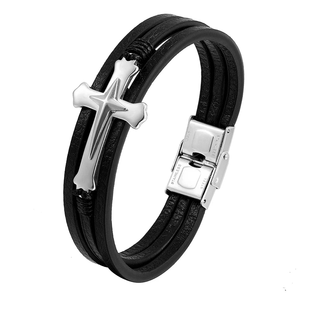 New Prayer Style Multi Layer Design Stainless Steel Cross Bracelet Leather Bracelet Women Classic Christmas Men Fashion Gift
