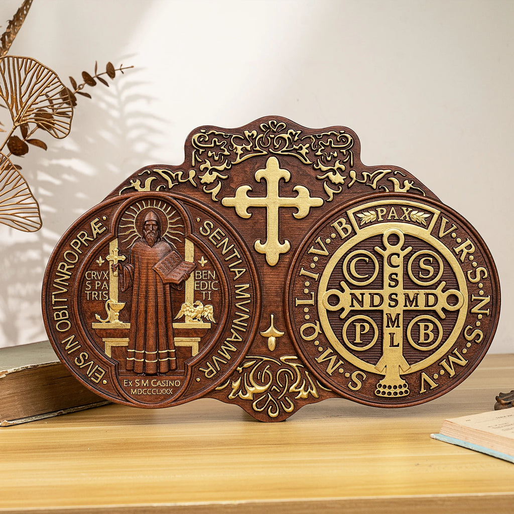 saint benedict medal , exorcism plaque, catholic icon, church, religious object, baptism, wood carving wall decoration