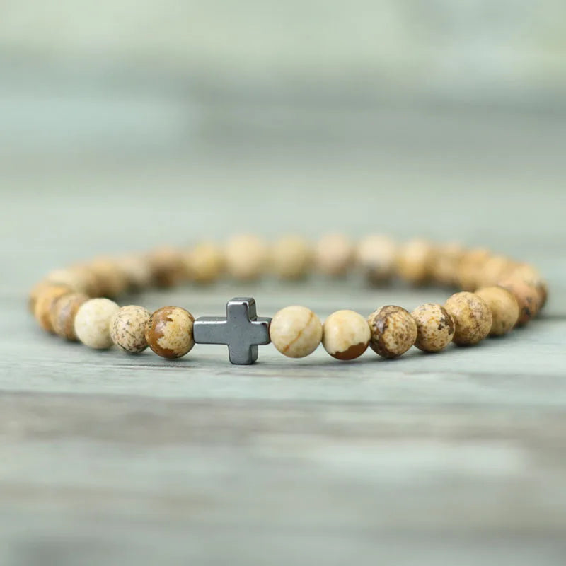 Minimalist Mens Cross Bracelet 6mm Natural Tiger Eyes Stone Braclet Gift For Him Camping Accessories Bileklik Erkek Pulseira