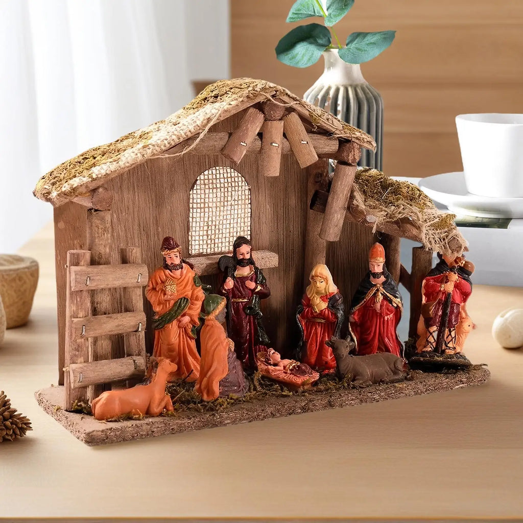 Nativity Scene Ornament Religious Nativity Figures Set Jesus Manger and House Figure Ornaments for Desk Women Table Windowsill