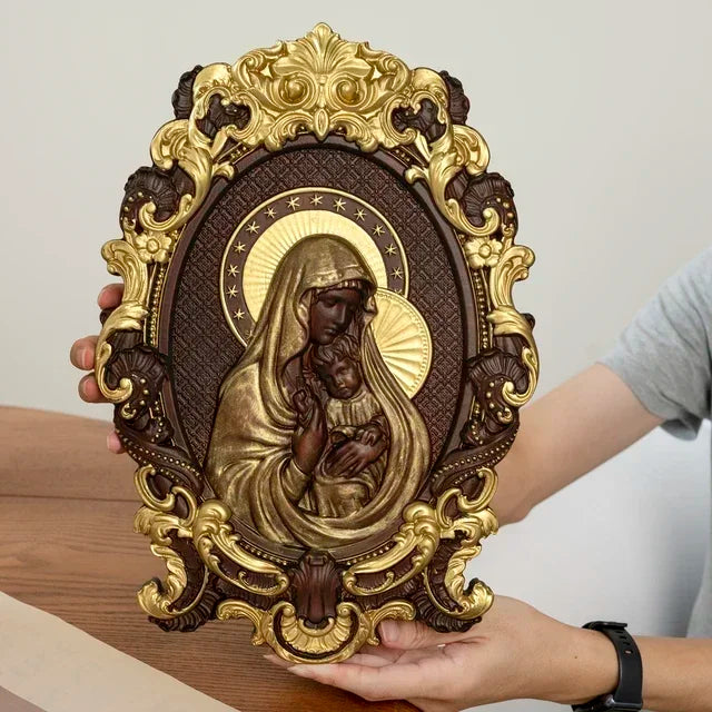 Vintage Virgin Mary and Baby Jesus Wood Carving, Catholic Religious Home Hanging Decoration