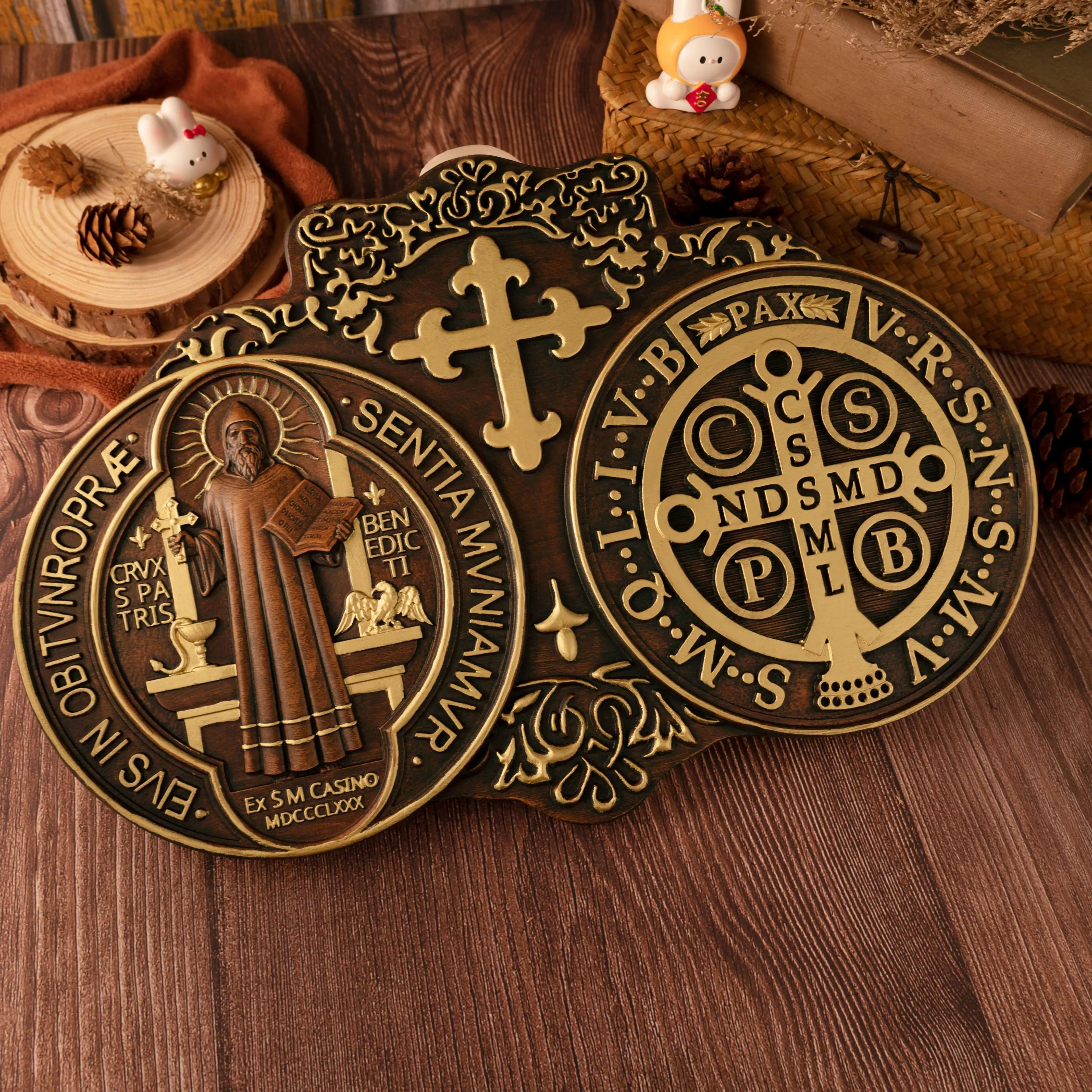 saint benedict medal , exorcism plaque, catholic icon, church, religious object, baptism, wood carving wall decoration