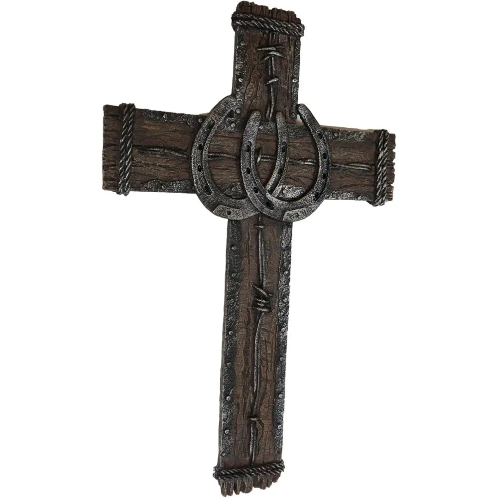 19" High Rustic Western 2 Lucky Horseshoes Wall Cross Decor Plaque With Vintage Barbed Wire And Braided Rope Design Sculpture