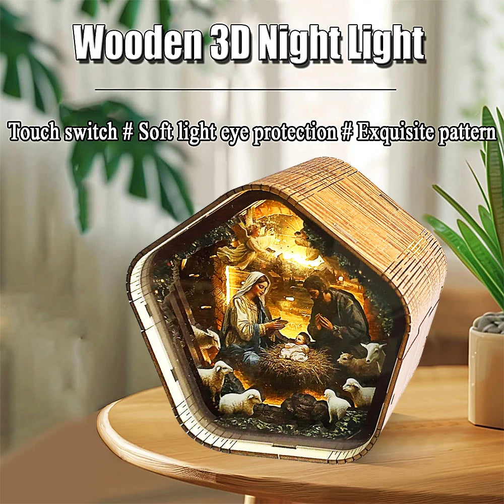 DIY 3D Wooden Nativity Scene Book Nook Kit with LED Light - Christmas Bookshelf Insert, Religious Home Decor