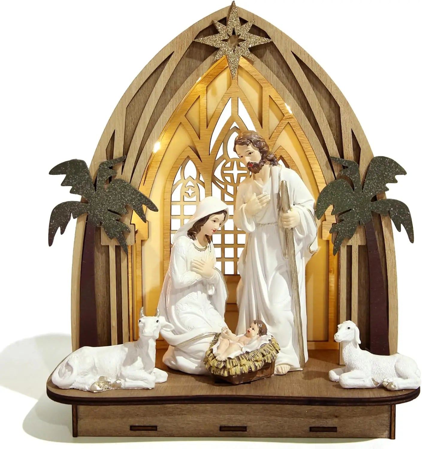 10“ Hight Nativity Set for Christmas Indoor Xmas Figurines Decorations with Light Holy Family Nativity Scene for Xmas Decor Gift