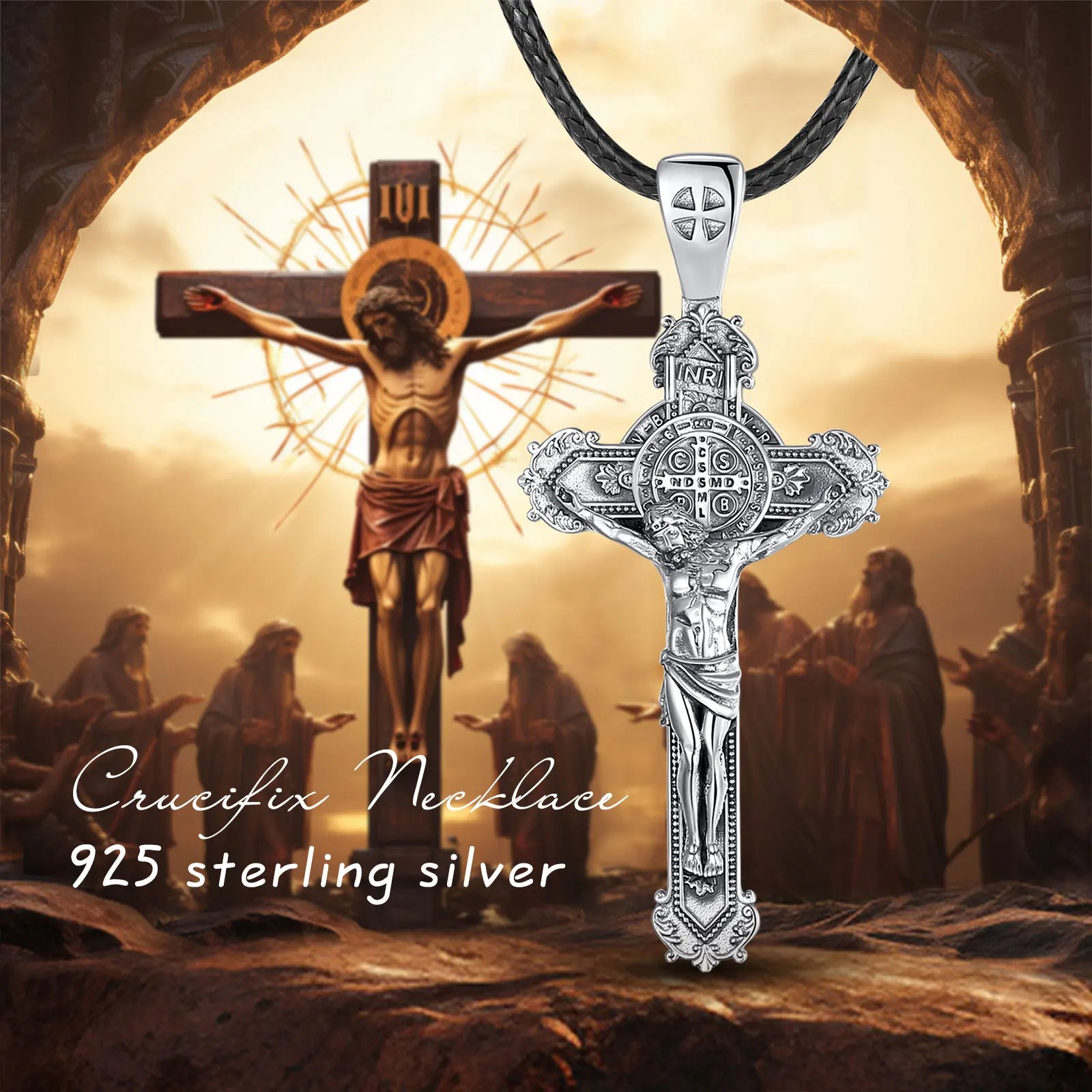 Eudora 925 Sterling Silver Saint Benedict Medal Necklace for Men Women san benedict crucifix cross Amulet Pendant Religious Gift