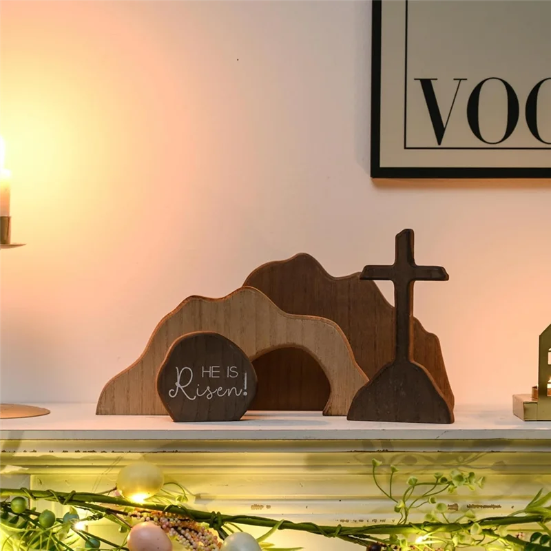 TFORU-Empty Tomb Easter Scene And Cross Decoration Wood Easter Resurrection Scene Jesus Nativity Scene Decor Tabletop Decoration