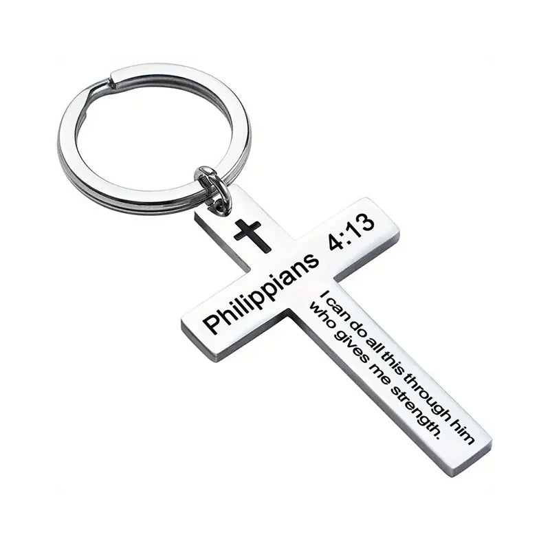 Christian Bible Verse Cross Pendant Keychain Stainless Steel Religious Psalm Prayer Key Chain Keyring Gifts