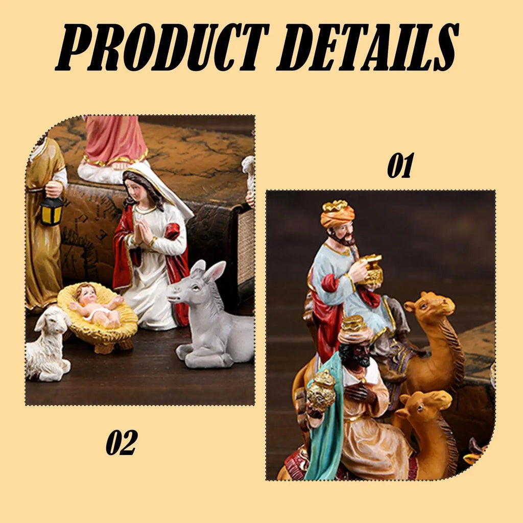11Pcs Christmas Nativity Scene Collection Crafts Holy Family Nativity Figurine Resin Statue for Hallway Cabinet Living Room
