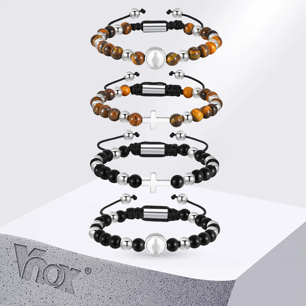 Vnox Stainless Steel Cross Virgin Mary Charm Tiger Eye Bead Adjustable Bracelet, Trendy Religious Prayer Jewelry for Men Women