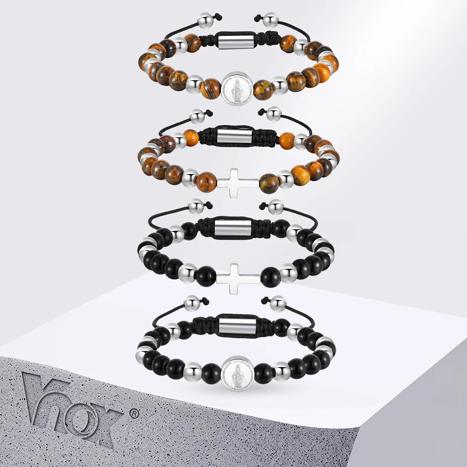 Vnox Stainless Steel Cross Virgin Mary Charm Tiger Eye Bead Adjustable Bracelet, Trendy Religious Prayer Jewelry for Men Women