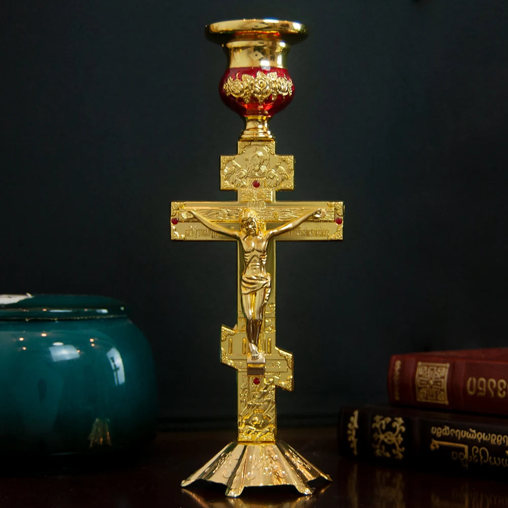 Orthodox Cross Candlestick Jesus Candlestick Zinc Alloy Candlestick Zinc Alloy Candlestick Glass Church Supplies Home Decoration