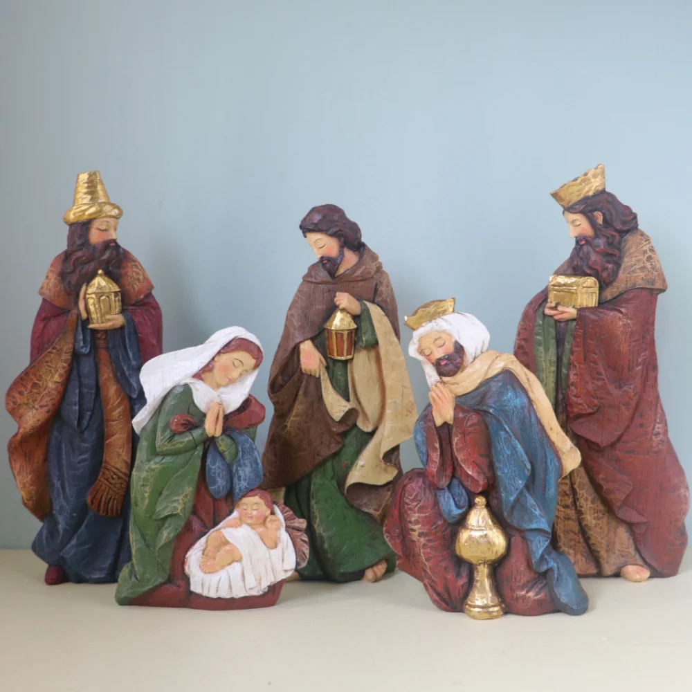 Nativity Figurines Scene Set Holy Manger Christmas Decor Jesus Birth Crib Statue Ornaments Catholic Christian Home Decorations