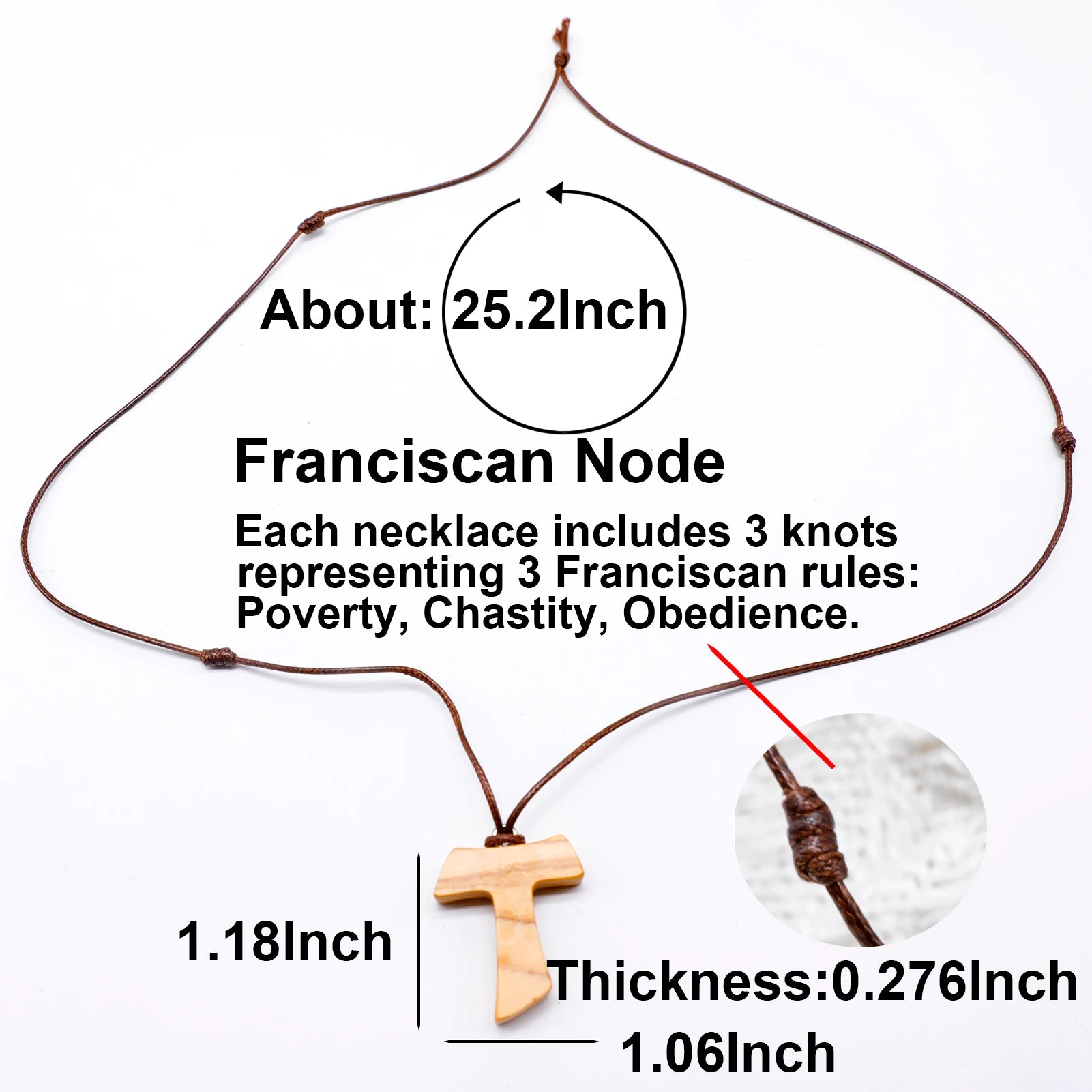 Olive Wood Tau Cross Pendant Necklace 3.0 cm St. Francis Assisi Peace Communion with Franciscan 3 Knots