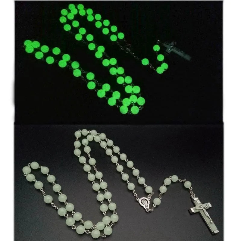 Luminous Christian Catholic Cross Rosary Necklace Glowing Light in Dark Beaded Rosary Necklaces for Men Women Christians