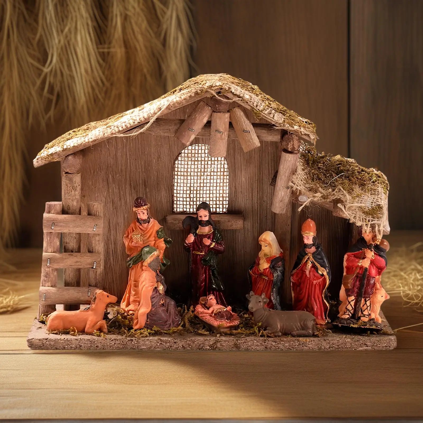 Nativity Scene Ornament Religious Nativity Figures Set Jesus Manger and House Figure Ornaments for Desk Women Table Windowsill