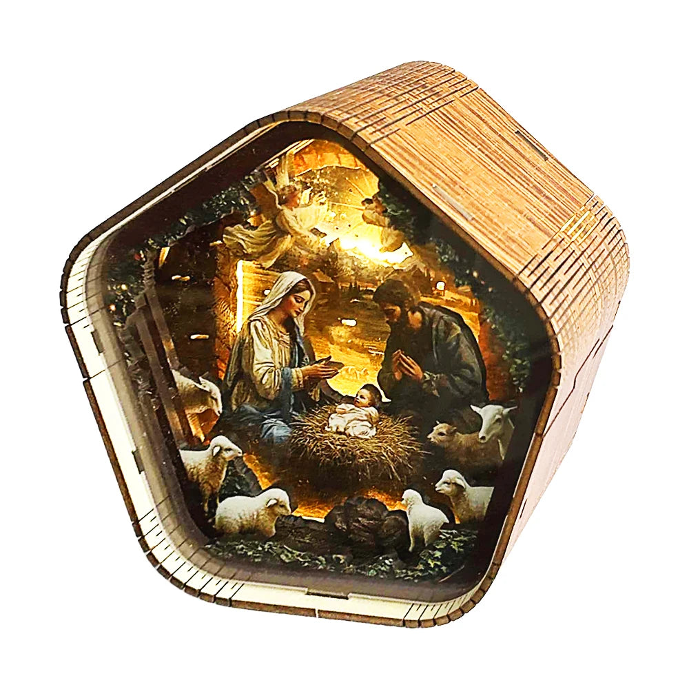 DIY 3D Wooden Nativity Scene Book Nook Kit with LED Light - Christmas Bookshelf Insert, Religious Home Decor