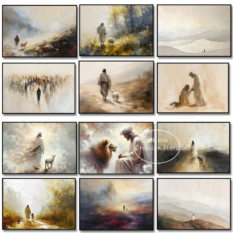 Retro Christian Jesus Leaves The 99 Good Shepherd Landscape Religious Poster Canvas Painting Wall Pictures Home Interior Decor