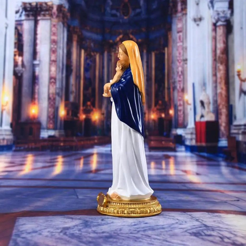 Religious Blessed Mary Holding Baby Statue Figurine Resin Sculpture Christian Ornament for Office Church Tabletop Home