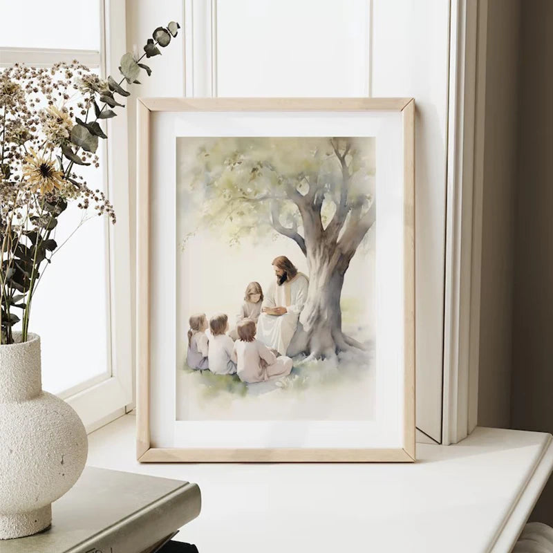 Watercolor Jesus Teaching Children Portrait Christian Religious Poster Canvas Painting Wall Art Pictures Home Interior Decor