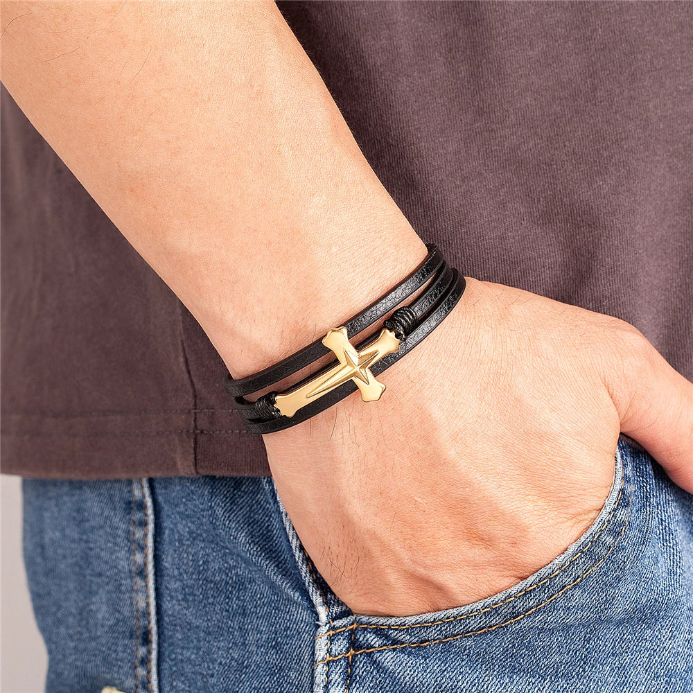 New Prayer Style Multi Layer Design Stainless Steel Cross Bracelet Leather Bracelet Women Classic Christmas Men Fashion Gift