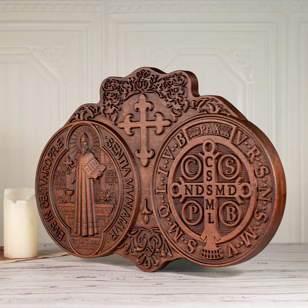 saint benedict medal , exorcism plaque, catholic icon, church, religious object, baptism, wood carving wall decoration