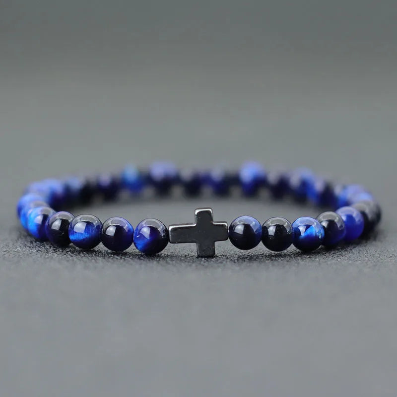 Minimalist Mens Cross Bracelet 6mm Natural Tiger Eyes Stone Braclet Gift For Him Camping Accessories Bileklik Erkek Pulseira