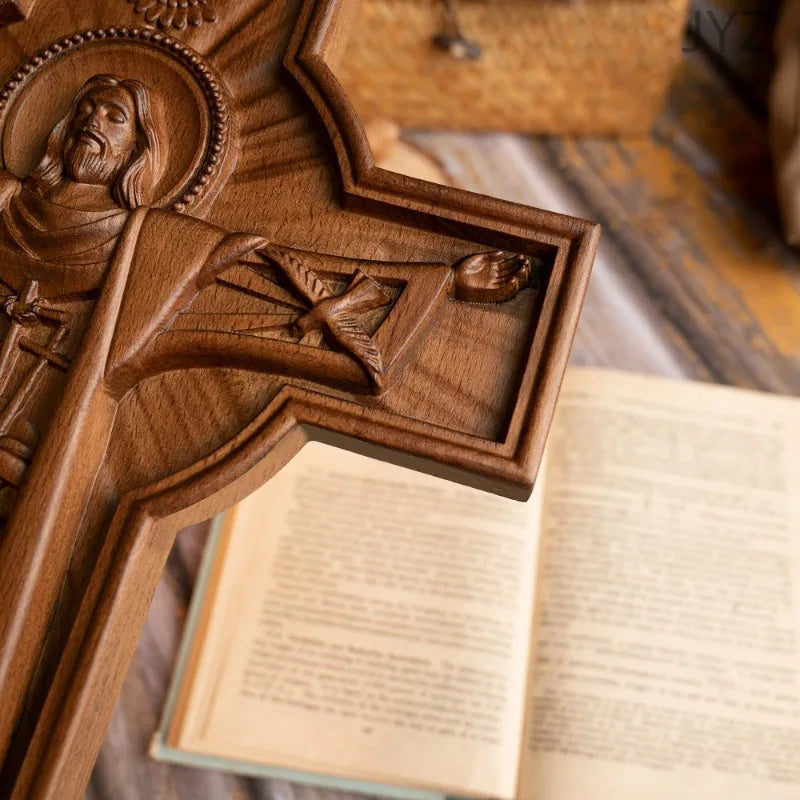 Christian Wooden Easter Catholic Cross Jesus Statue Interior Wall Decoration, Religious Baptismal Gift