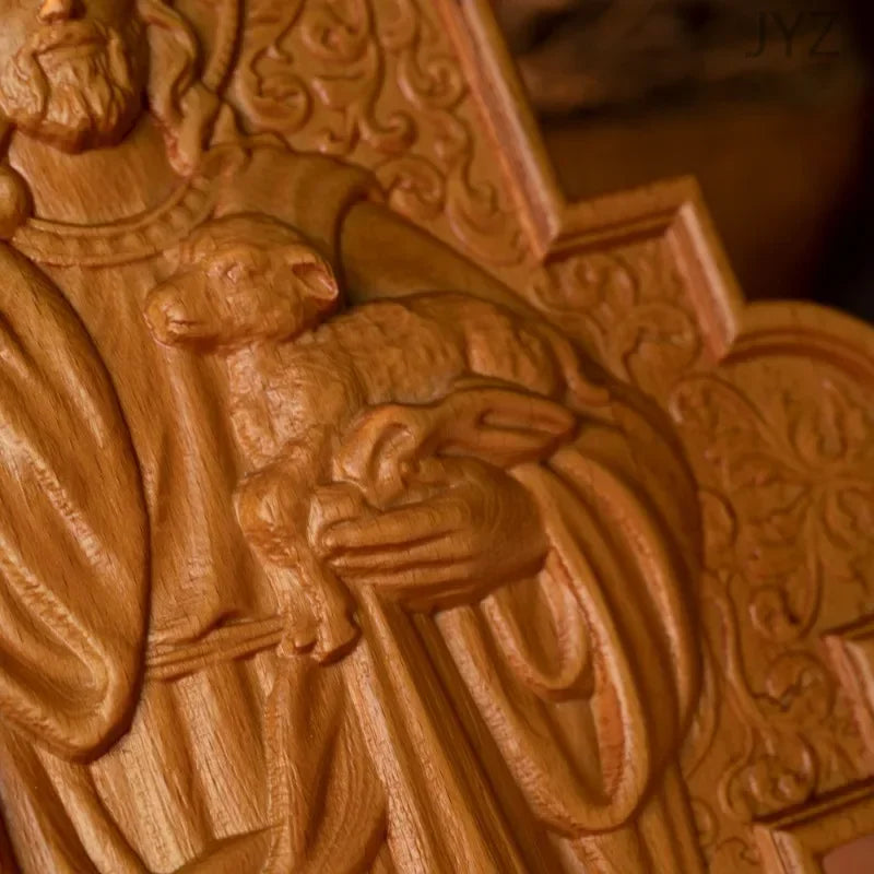 Religious Cross Jesus Statue of Good Shepherd Wood Plaque Carved Wall Art Decoration