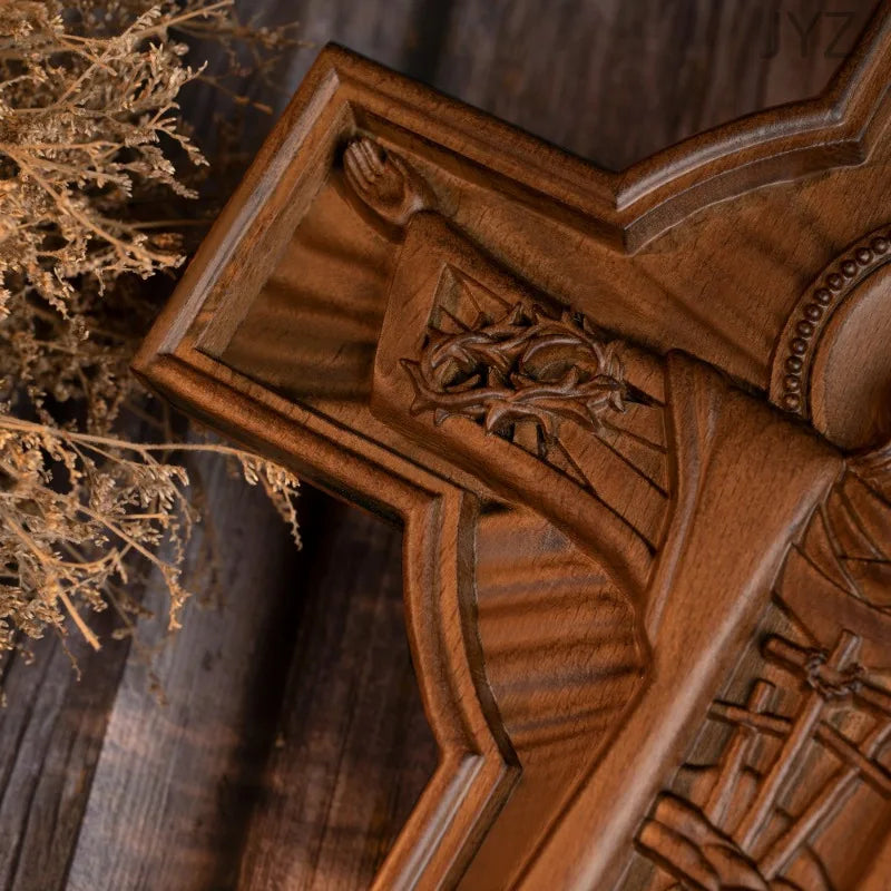 Christian Wooden Easter Catholic Cross Jesus Statue Interior Wall Decoration, Religious Baptismal Gift
