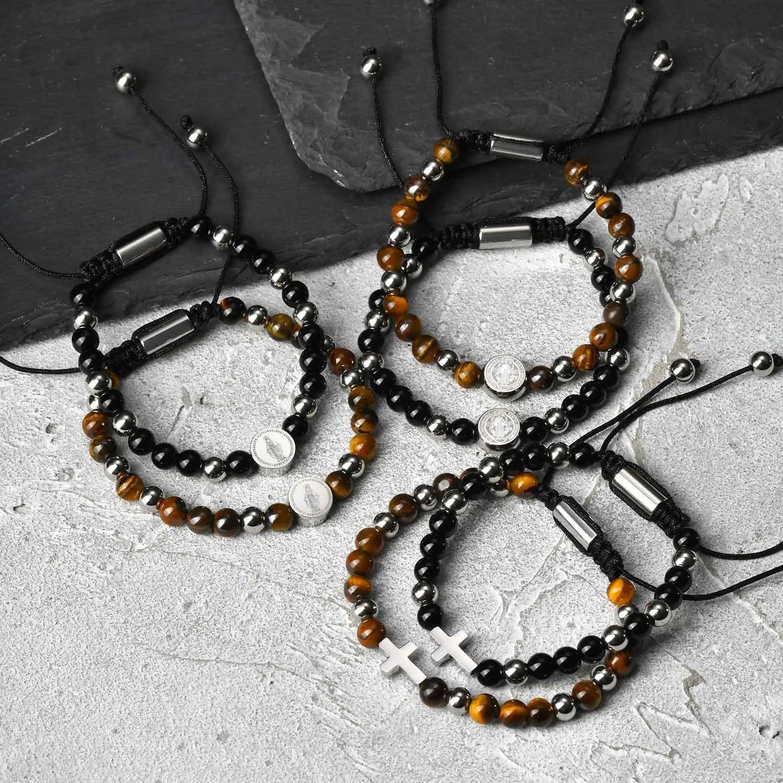 Vnox Stainless Steel Cross Virgin Mary Charm Tiger Eye Bead Adjustable Bracelet, Trendy Religious Prayer Jewelry for Men Women