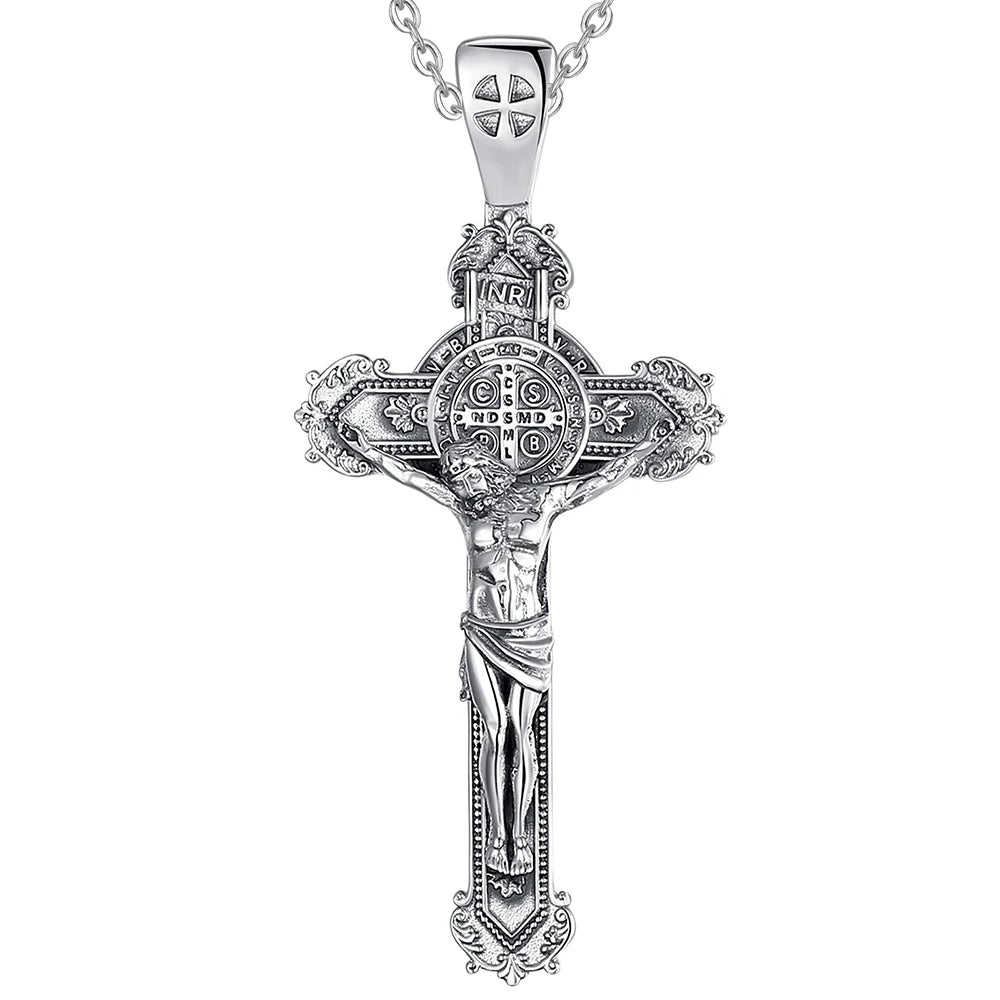 Eudora 925 Sterling Silver Saint Benedict Medal Necklace for Men Women san benedict crucifix cross Amulet Pendant Religious Gift