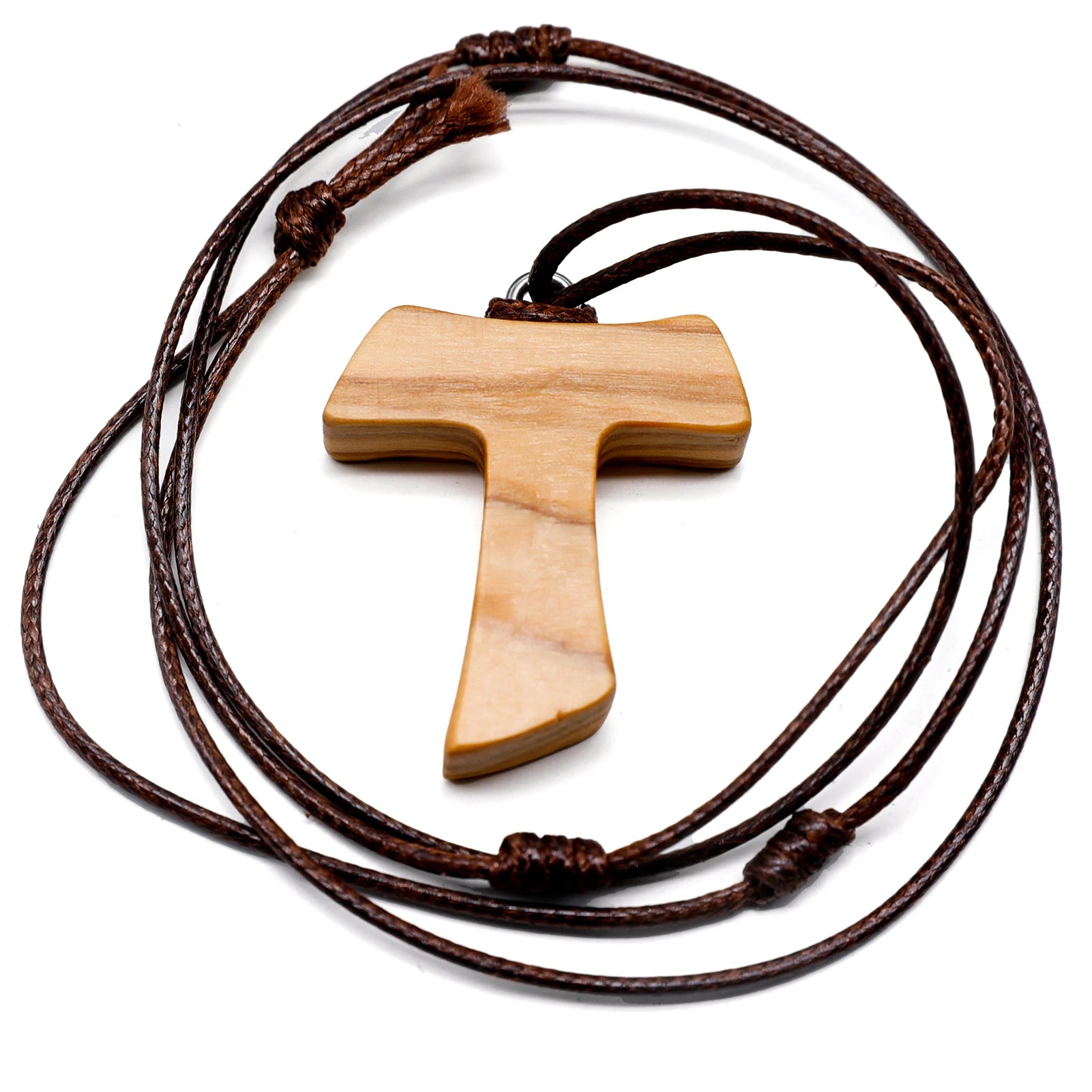 Olive Wood Tau Cross Pendant Necklace 3.0 cm St. Francis Assisi Peace Communion with Franciscan 3 Knots