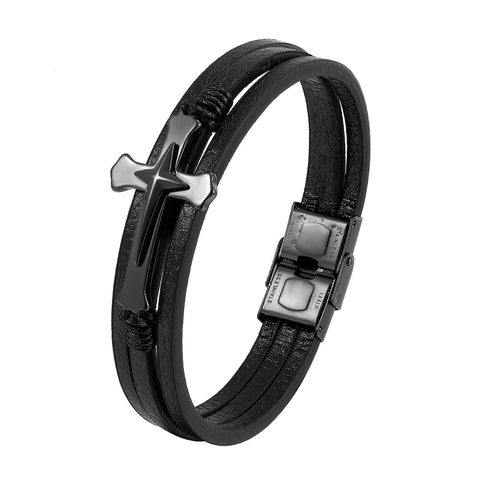 New Prayer Style Multi Layer Design Stainless Steel Cross Bracelet Leather Bracelet Women Classic Christmas Men Fashion Gift