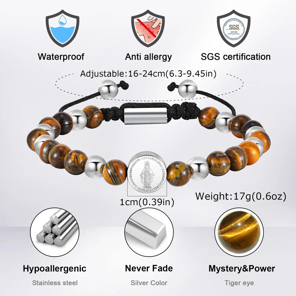 Vnox Stainless Steel Cross Virgin Mary Charm Tiger Eye Bead Adjustable Bracelet, Trendy Religious Prayer Jewelry for Men Women