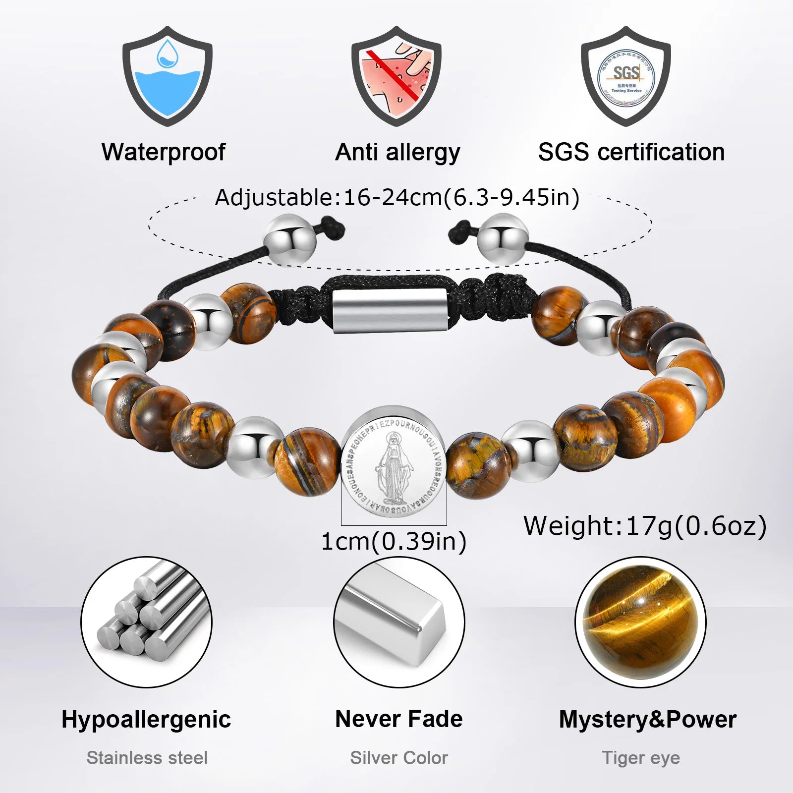 Vnox Stainless Steel Cross Virgin Mary Charm Tiger Eye Bead Adjustable Bracelet, Trendy Religious Prayer Jewelry for Men Women