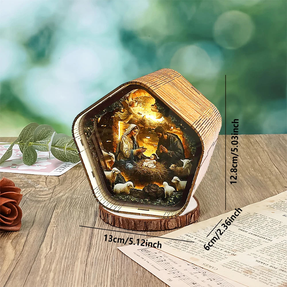 DIY 3D Wooden Nativity Scene Book Nook Kit with LED Light - Christmas Bookshelf Insert, Religious Home Decor