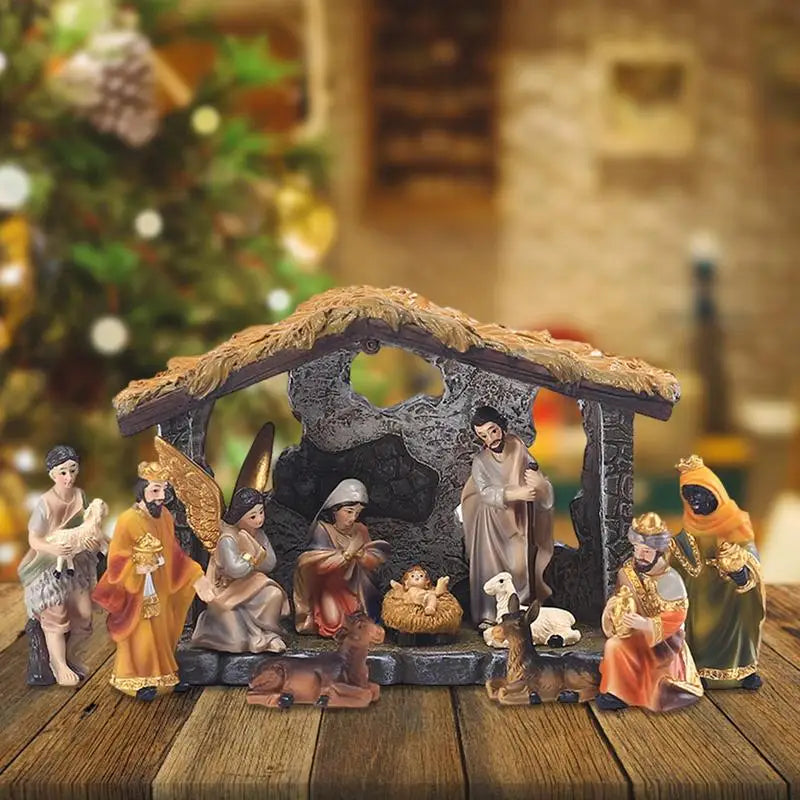 12pcs Christmas Manger Decorations Set Nativity Scene Set Resin Tabletop Nativity Set Resin Home Living Room Nativity Figurines