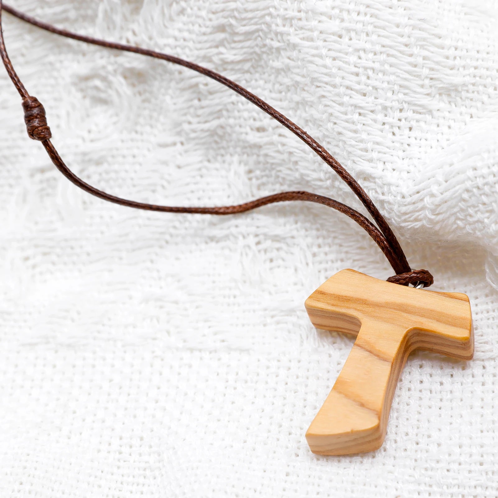 Olive Wood Tau Cross Pendant Necklace 3.0 cm St. Francis Assisi Peace Communion with Franciscan 3 Knots