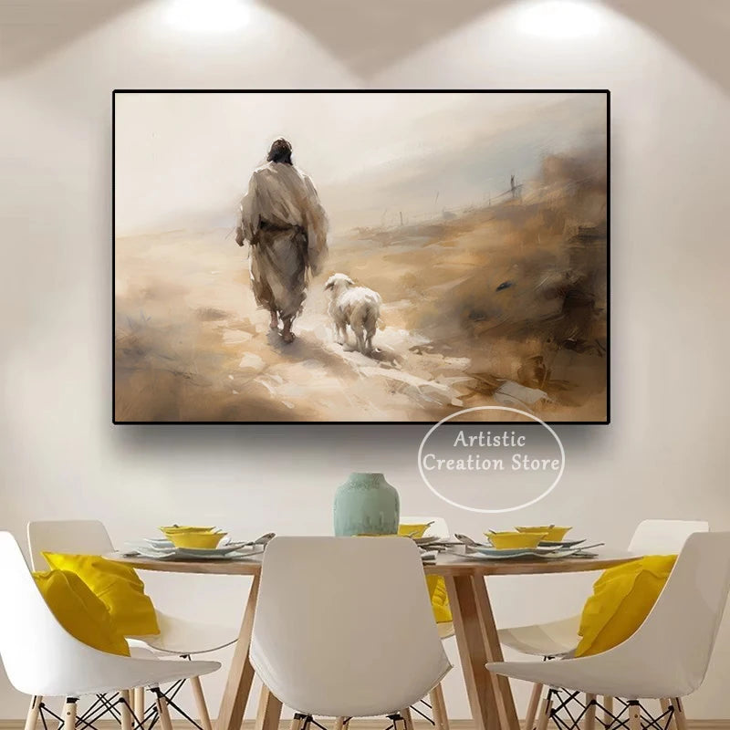 Retro Christian Jesus Leaves The 99 Good Shepherd Landscape Religious Poster Canvas Painting Wall Pictures Home Interior Decor