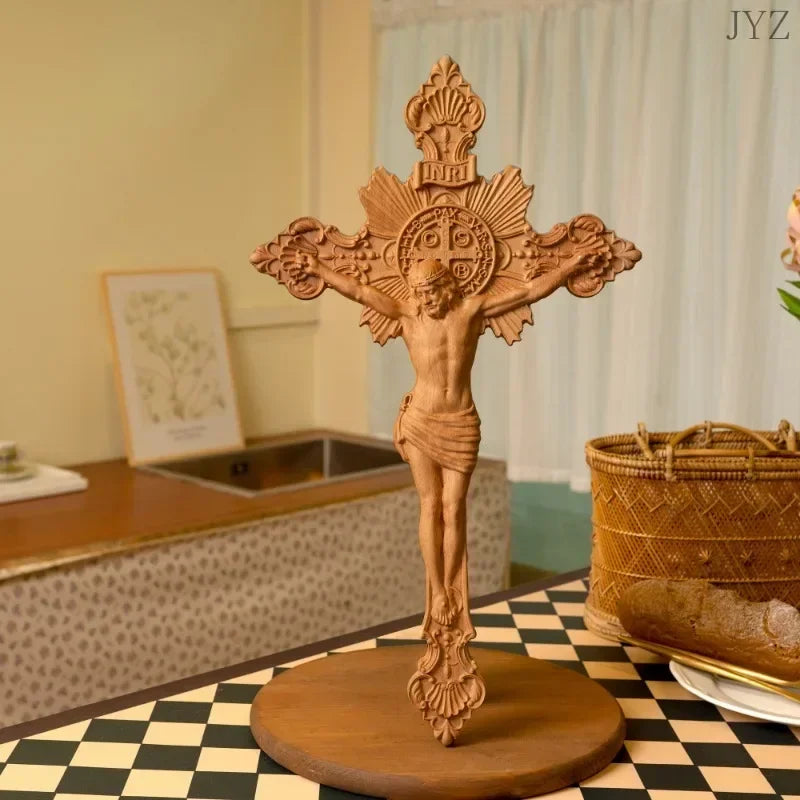 High Quality Religious St. Benedict's Exorcism Cross Wood Carving Catholic Prayer Home Decor