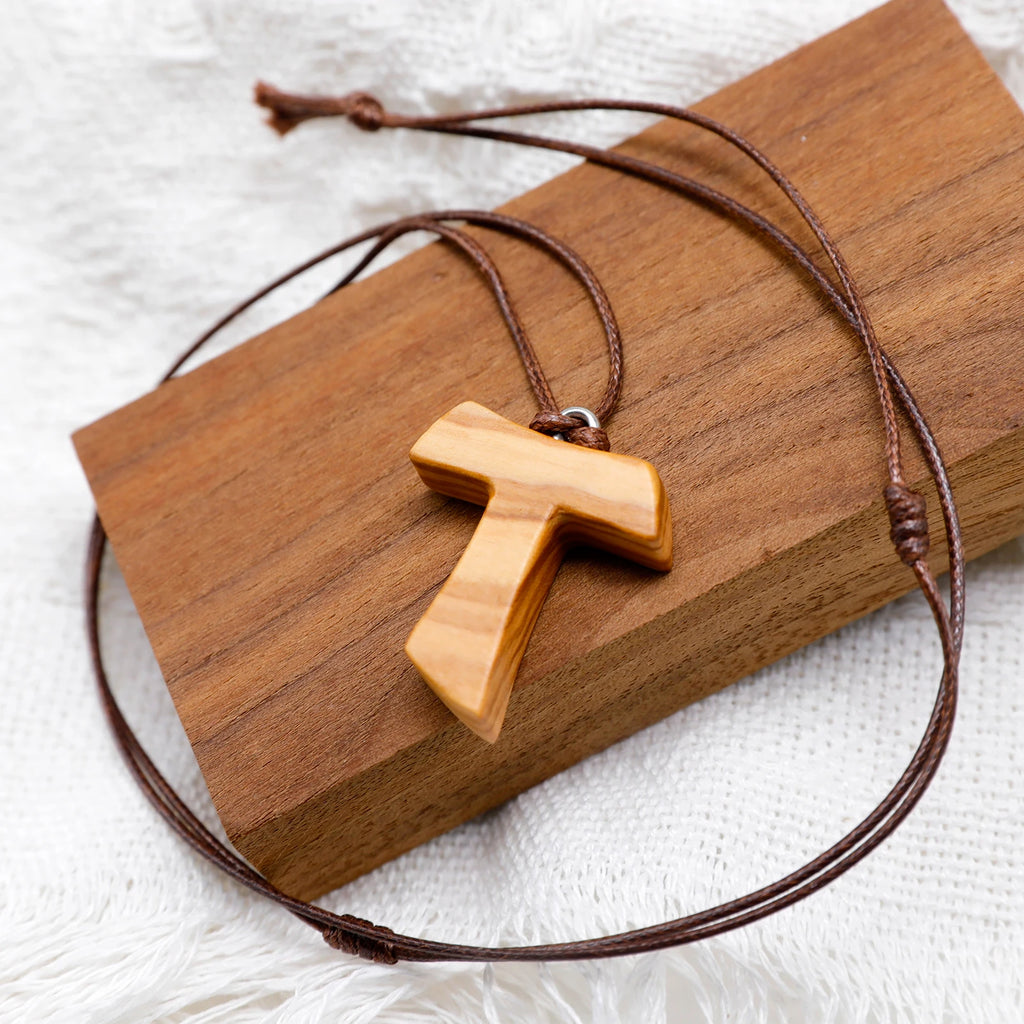 Olive Wood Tau Cross Pendant Necklace 3.0 cm St. Francis Assisi Peace Communion with Franciscan 3 Knots