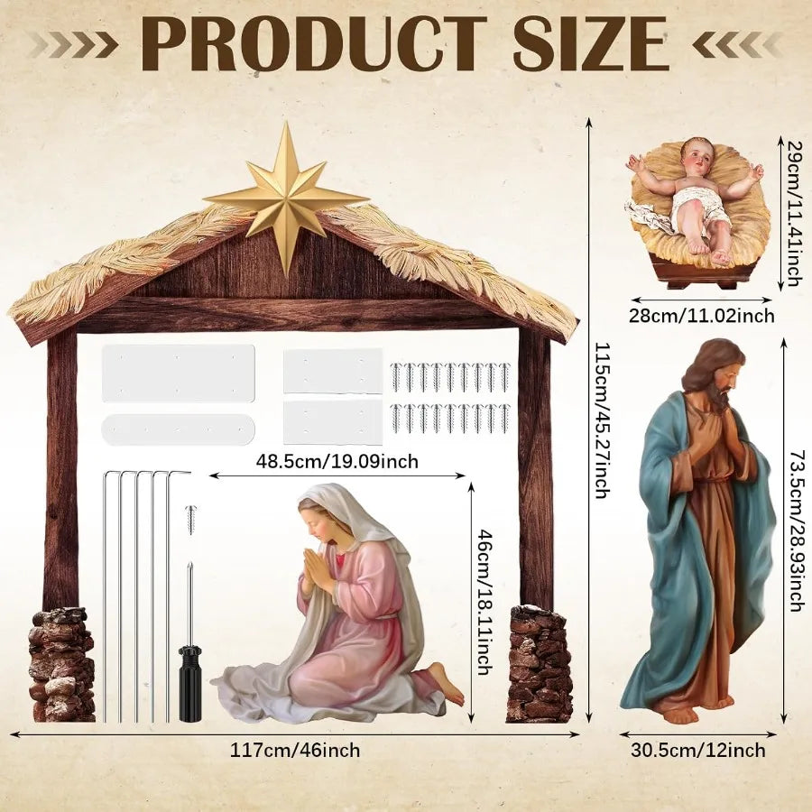 Large Outdoor Christmas Nativity Scene Holy Family Decoration Set Made of Weatherproof PVC for Front Yard and Lawn Perfect Chri