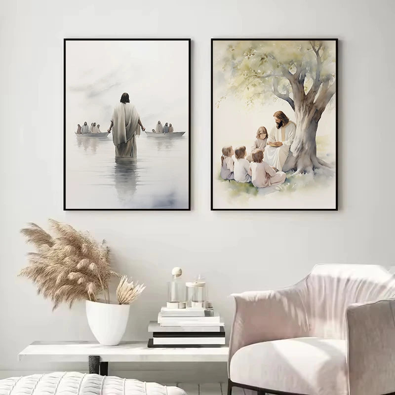 Watercolor Jesus Teaching Children Portrait Christian Religious Poster Canvas Painting Wall Art Pictures Home Interior Decor