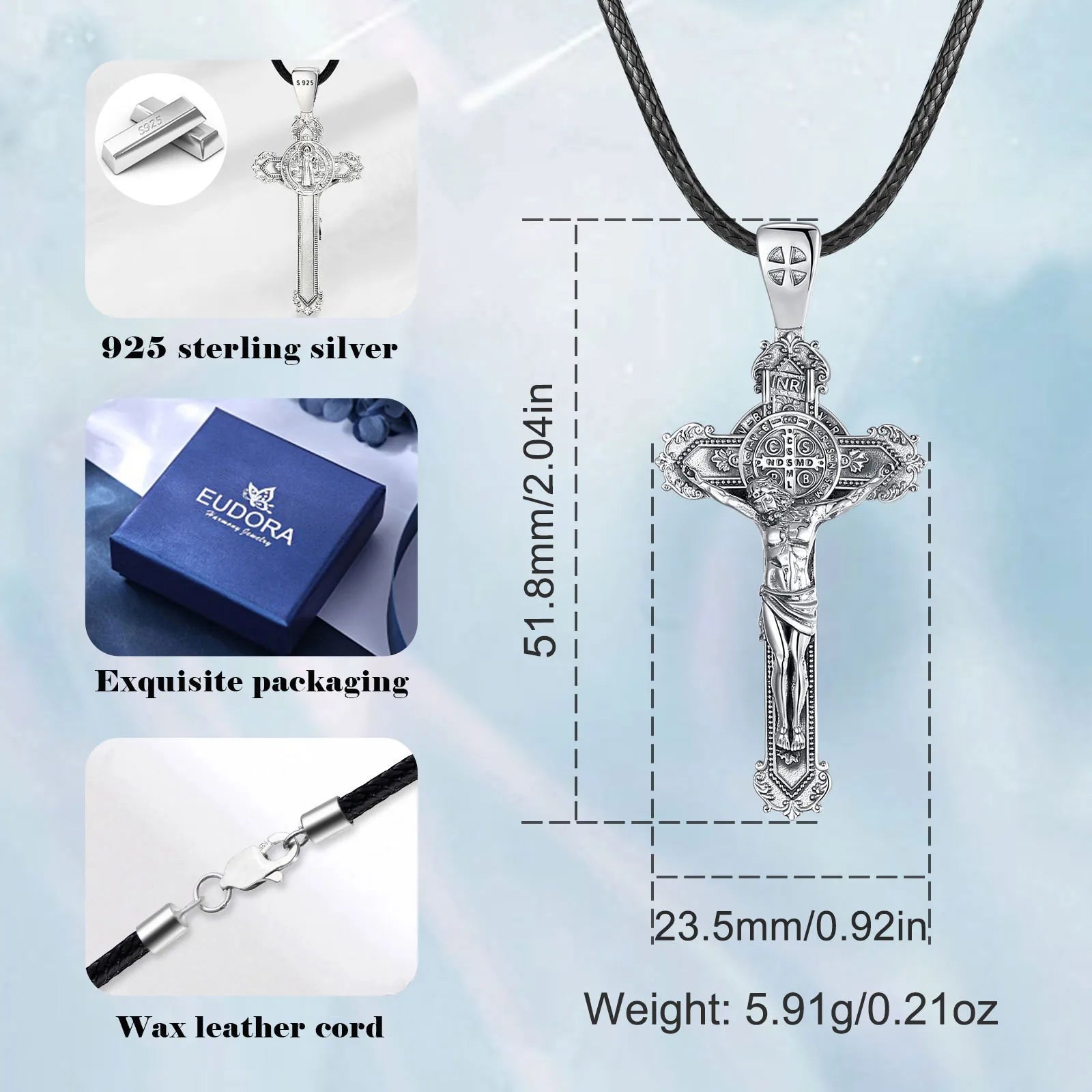 Eudora 925 Sterling Silver Saint Benedict Medal Necklace for Men Women san benedict crucifix cross Amulet Pendant Religious Gift