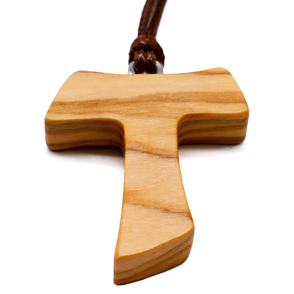 Olive Wood Tau Cross Pendant Necklace 3.0 cm St. Francis Assisi Peace Communion with Franciscan 3 Knots