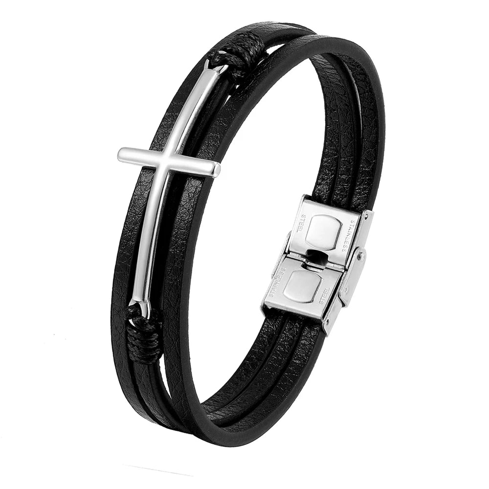 New Prayer Style Multi Layer Design Stainless Steel Cross Bracelet Leather Bracelet Women Classic Christmas Men Fashion Gift