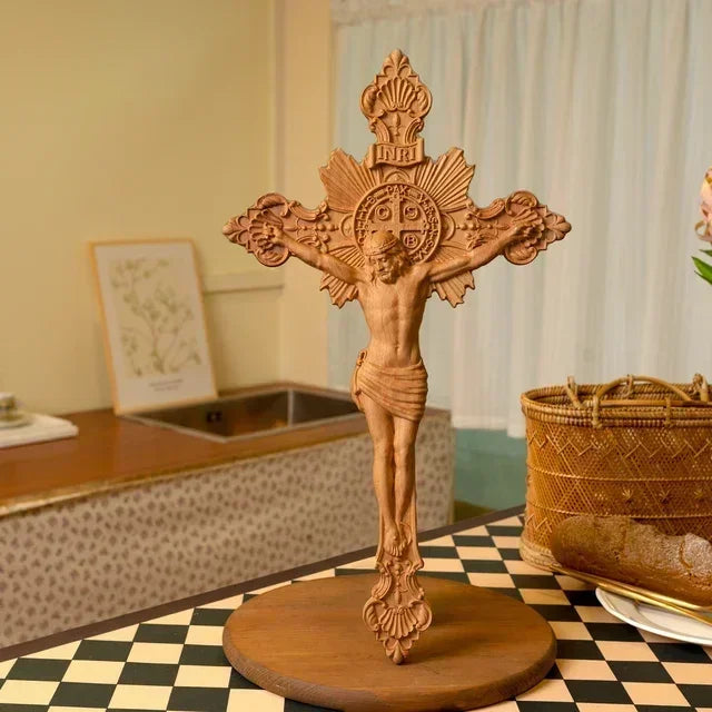 High Quality Religious St. Benedict's Exorcism Cross Wood Carving Catholic Prayer Home Decor