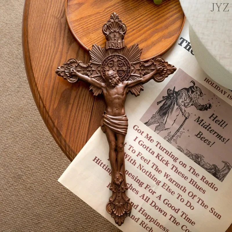 High Quality Religious St. Benedict's Exorcism Cross Wood Carving Catholic Prayer Home Decor