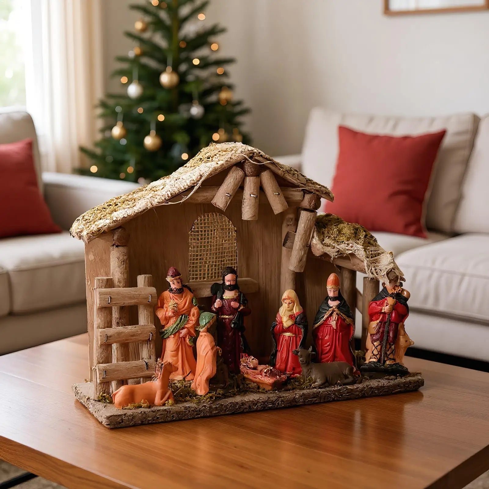 Nativity Scene Ornament Religious Nativity Figures Set Jesus Manger and House Figure Ornaments for Desk Women Table Windowsill